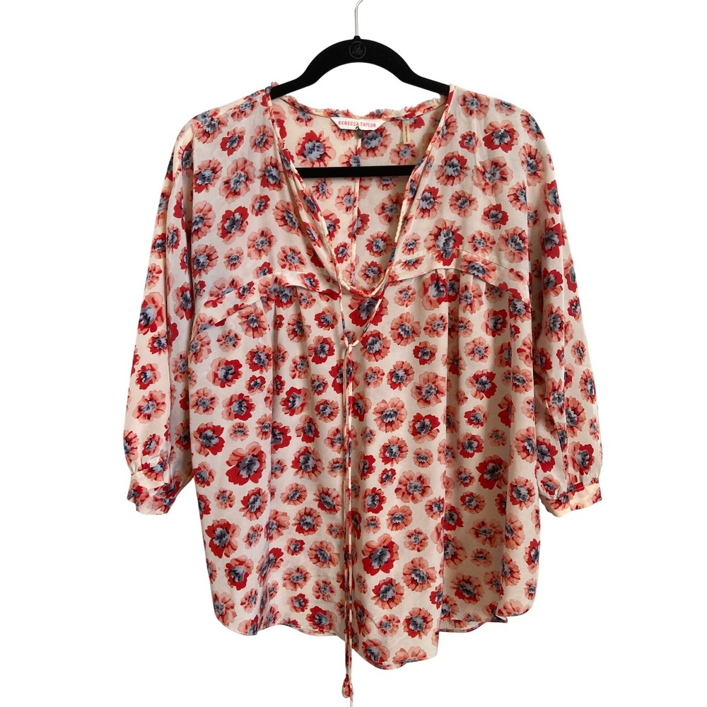 Rebecca Taylor Silk Floral Poppy Blouse Red Pink Cream 3/4 Sleeve Size 8